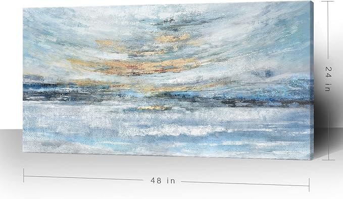 Abstract Wall Art for Living Room Large Framed Light Blue Canvas Print Coastal Theme Artwork Modern Ocean Skyline and Sunset & Sunrise in the Seaside Painting for Home Bedroom Décor 48x24inch