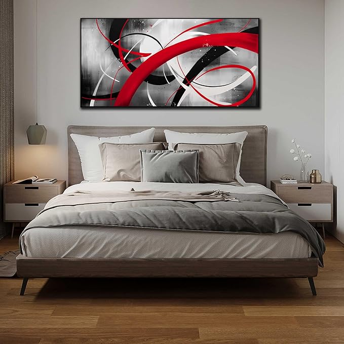 Abstract Wall Art for Living Room, Black White and Red Line Canvas Wall-Decor for Bedroom, Large Size 29x59 Inches Framed