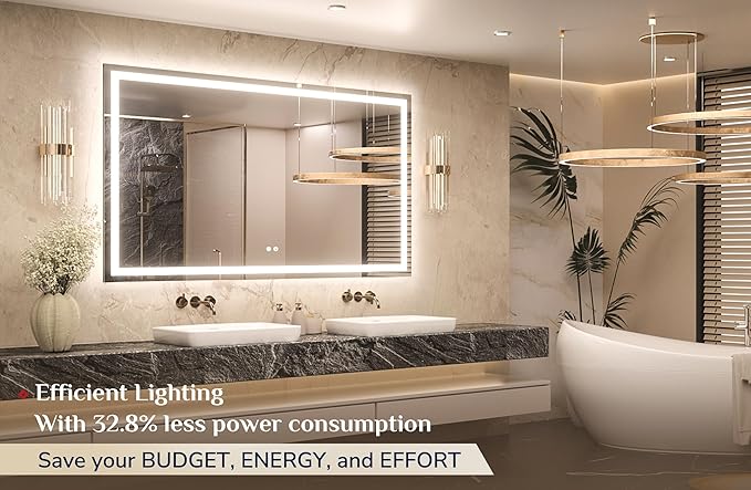 Keonjinn LED Bathroom Mirror with Light 60 x 36 Inch, Frontlit & Backlit Vanity Mirrors with 3 Color Lights, Large Stepless Dimmable Mirror with Anti-Fog, HD Tempered Glass, UL-Listed LED Driver