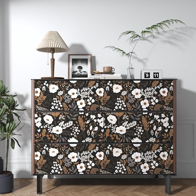 Brown Floral Peel and Stick Wallpaper Boho Leaf Contact Paper Dark Flower Removable Self Adhesive Waterproof Wall Paper for Cabinet Drawers Wall Decor Renter Friendly 17.5''x78.7''