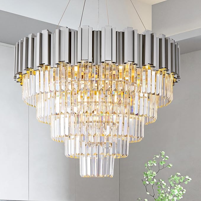 5-Tier 27.5" Silver Chandelier, 9-Light Modern Crystal Chandelier, Luxury Round K9 Crystal Chandeliers Light Fixture for Dining Room, Living Room, Bedroom, Foyer, Entryway, Kitchen, Restaurant