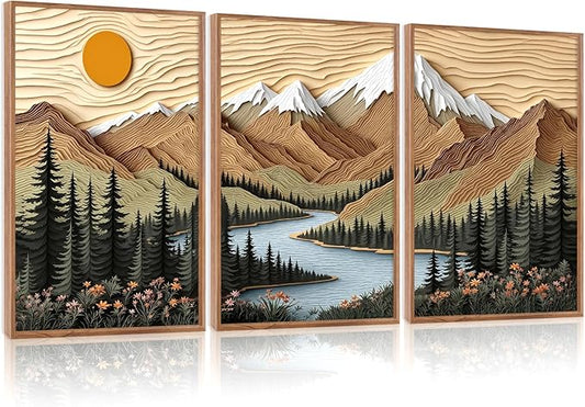 CHDITB Mountain Landscape Framed Canvas Wall Art Set, Forest Nature Wall Decor, Lake Pine Trees Artwork Country Woodcut Painting, Vintage Wilderness Art Prints For Living Room Bedroom Office 24"x36"x3