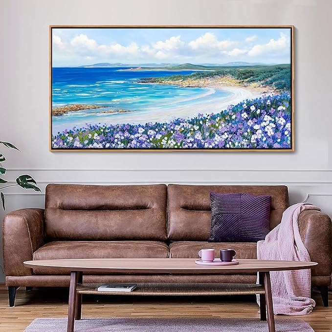 Mofutinpo Coastal Beach Wall Art,Large Purple Flower Landscape Canvas Wall Art for Living Room & Bedroom Decor, Framed Blue Beach Pictures & Paintings for Walls,Ocean Artwork for Home & Office 24x48IN