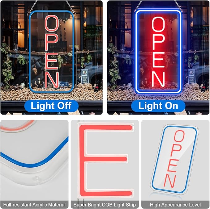 16"x 9" Ultra Bright 12V Neon Open Sign for Business, LED Open Neon Sign, Electric Light up Signs for Stores, Restaurants Shops Window (Blue-Red-Vertical)