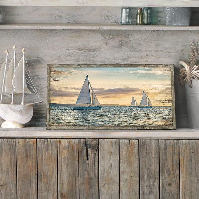 Coastal Framed Wooden Wall Art: Ocean Painting Art Sail Boats Artwork Decor Sunset Seascape Picture Prints for Bedroom 24"x12"