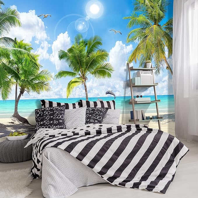 -Tropical Beach Palm Leaves Living Room Fabric Wallpaper Ocean Dolphin Plants Boys Girls Kids Room Bathroom Bedroom Large Mural- 160"x108"（ not Peel and Stick）