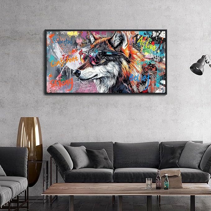 JEAWA Framed Canvas Wall Art - 20x40 In Abstract Painting Decor, Inspirational Graffiti Wolf Pictures, Modern Street Art Prints for Bedroom Living Room Bathroom Home Decoration