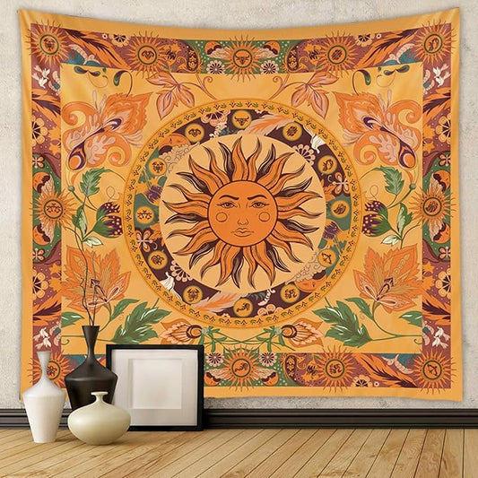 Boho Sun Tapestry Vintage Yellow Tapestry Retro Sunflowers Aesthetic Easy Installation HD Digital Print Wall Hanging for Bedroom Living Room Dorm Home Decor(Organe Sun, 60"x80")