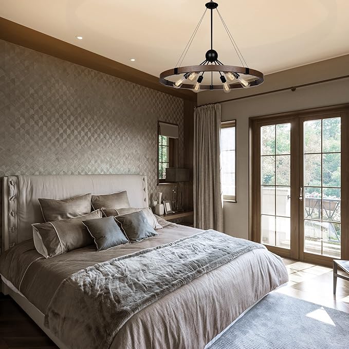 31.5'' Farmhouse Chandeliers for Dining Room, Rustic Wagon Wheel Chandelier for Entryway, Sputnik Light Fixture for Breakfast Area Stairwell Bedroom Foyer, Vintage Rust and Black Finishe