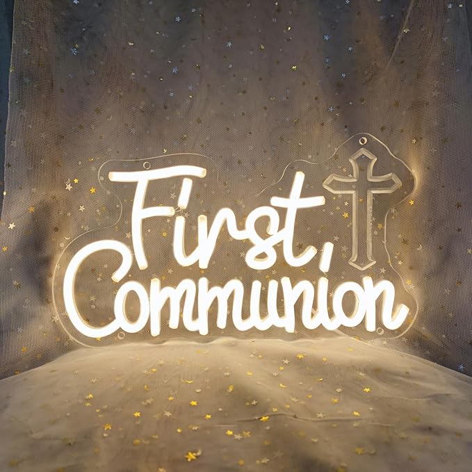 Neon Sign - First Communion Decorations, 16.3" x 10.7" Rectangular Multicolor Religious Wall Mount Neon Sign with Mounting Hardware (Hanging Chains)