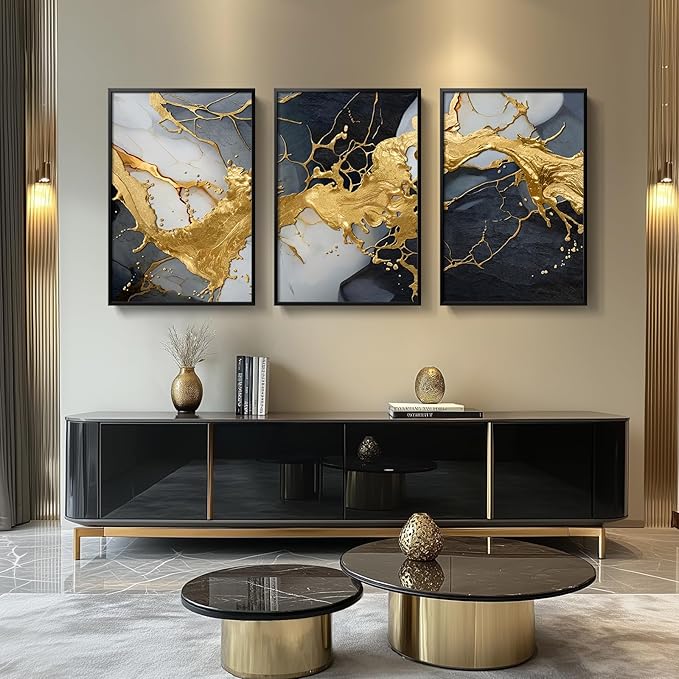 Large Framed Black and White Gold Abstract Wall Art for Living Room, Set of 3 Piece Canvas Paintings Artwork for Walls, Modern Art Prints Pictures for Hallway Office Wall Decor 24x36 Inch