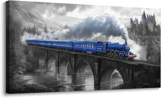 JEAWA Canvas Prints Wall Art - Blue Gray Canvas Painting, Train Artwork Print for Bedroom Bathroom Dining Room Home Office Decor, Great Bridge and Castle Picture, 20 x 40 In