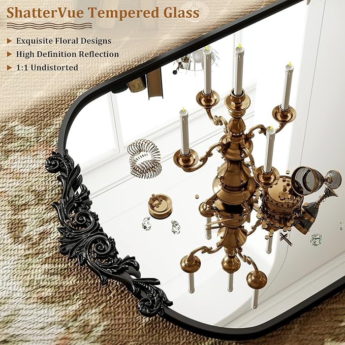 BEAUTYPEAK 20x30 Arched Mirror, Black Traditional Vintage Ornate Baroque Wall Mirror for Bathroom, Bedroom, Hallway, or Fireplace Decor