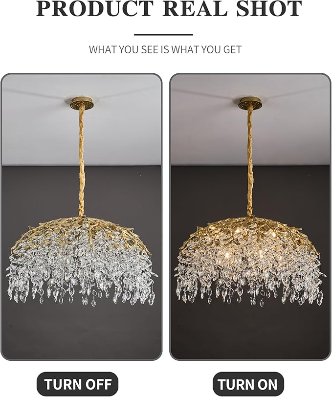 Modern Crystal Chandelier for Dining Room, 31.5" 10-Light Gold Tree Branch Chandeliers, Luxury K9 Crystal Rectangular Chandeliers for Kitchen Island Living Room