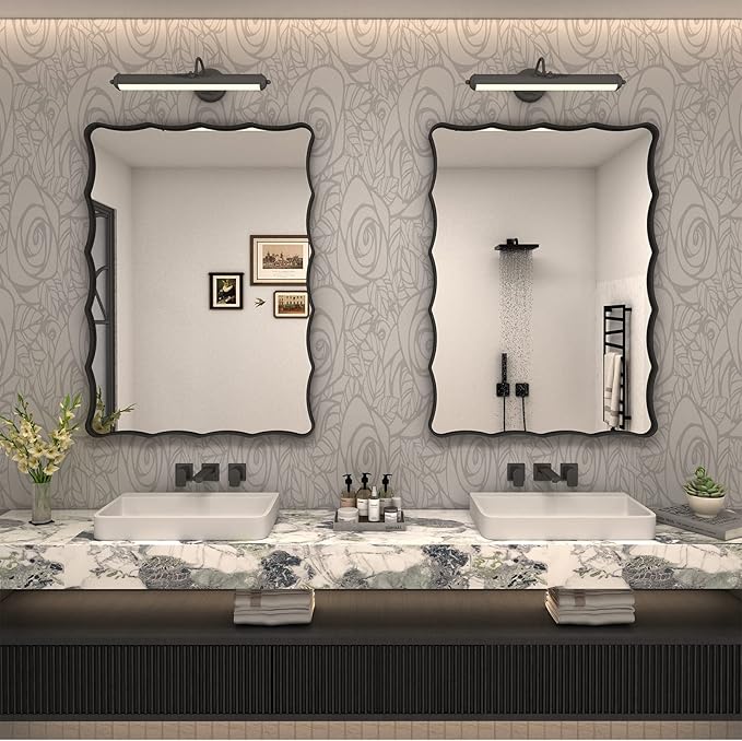 24x36 Matte Black Mirror, Black Metal Vanity Mirror for Wall, Rectangle Bathroom Mirror with Wavy Frame, Anti-Rust(Horizontal/Vertical)