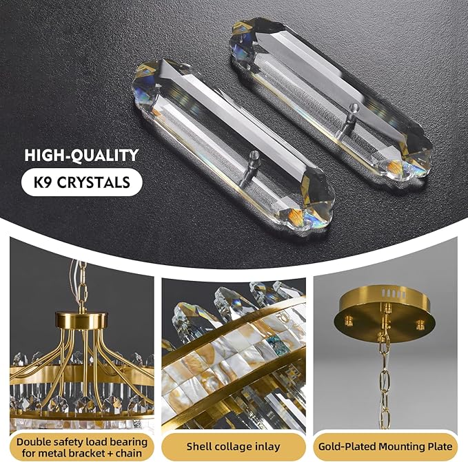 2-Tier Round LED Crystal Chandelier for Living Room - Large 3 Colors Stepless Dimmable Gold Chandeliers,Modern Adjustable Height high ceiling Light Fixture for Dining Room Entryway With Remote Control