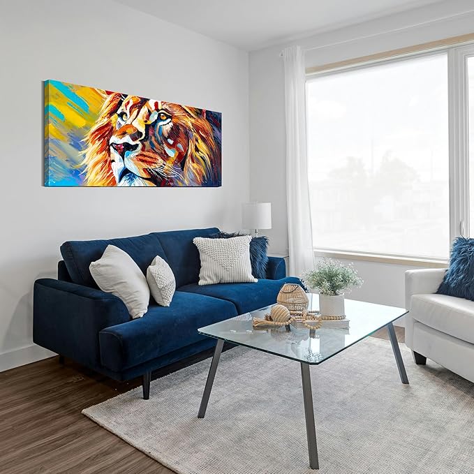 AmoyArt Large Lion Wall Art for Living Room, Animal Canvas Wall-Decor for Bedroom, Colorful Print Picture for Home, Size 58x29 Inches