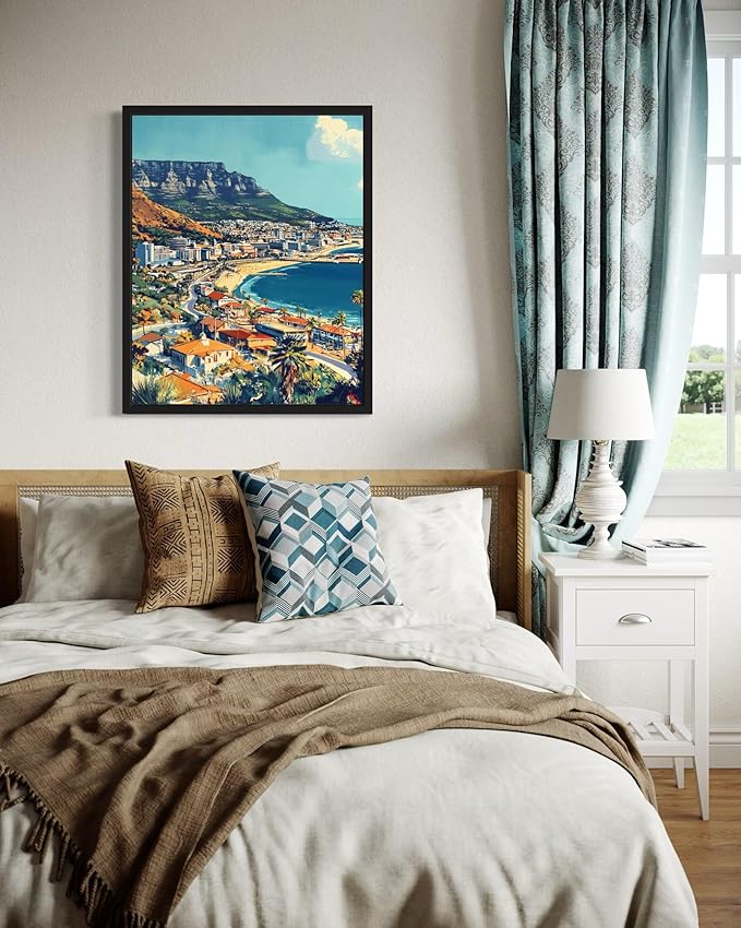 Cape Town South Africa Wall Art Poster Print, Vintage Retro Landscape Scenery Painting Artwork Travel Prints Decor Cityscape Landmarks Gallery 27 (Cape Town South Africa, 11 x 14 inches, Black Frame)