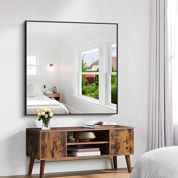 KOCUUY Black Square Mirror, 42"x42" Bathroom Mirrors for Over Sink, Large Black Wall Mounted Mirror, Metal Framed Mirror for Wall, Vanity Mirror for Bathroom Living Room Bedroom Dining Room