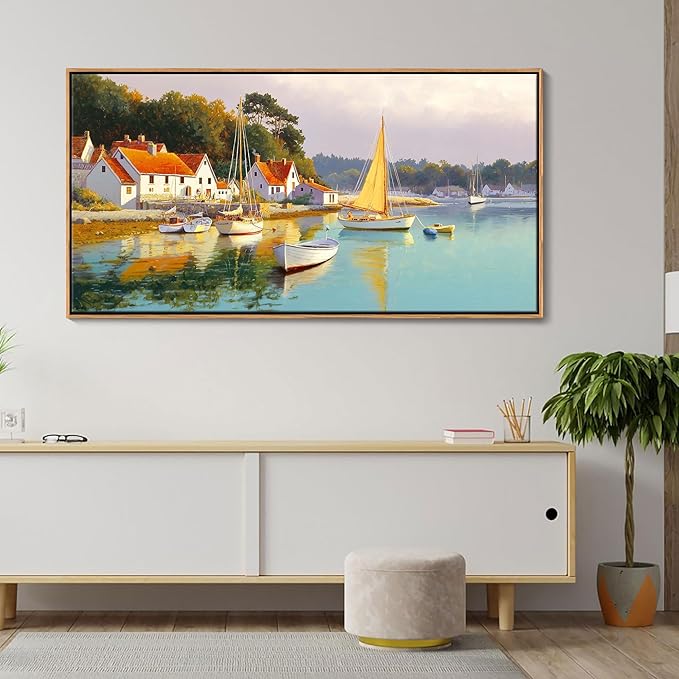 AJAZIKO Coastal Wall Art - Rustic Ocean & boat Canvas Art for Living Room & Bedroom Decor - Framed Landscape Artwork for Walls - Italian Farmhouse & Country Wall Decor Print Pictures20x40IN