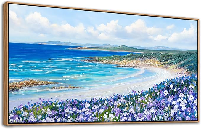 Mofutinpo Coastal Beach Wall Art,Large Purple Flower Landscape Canvas Wall Art for Living Room & Bedroom Decor, Framed Blue Beach Pictures & Paintings for Walls,Ocean Artwork for Home & Office 24x48IN