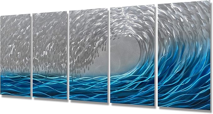 BATRENDY ARTS Extra Large Beach Metal Wall Art Hand-Crafted Blue and Silver Sea Wave Panels Decor Modern Artwork Scupltures for Living Room Decorations