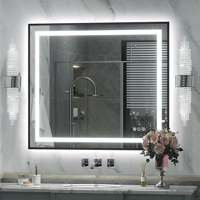 32x36 Black LED Bathroom Mirror, Dimmable Framed Vanity Mirror with Lights, Backlit and Front Lighted Mirror for Wall, Anti-Fog, Memory (Horizontal/Vertical)