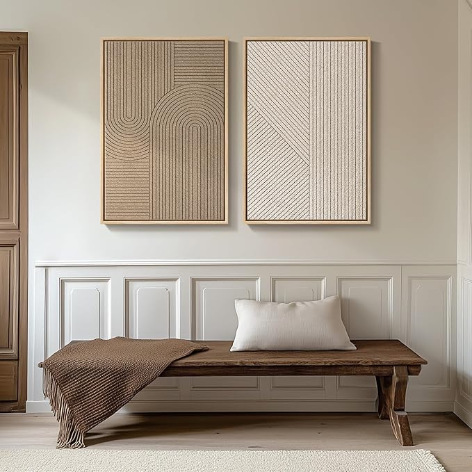 Large 3D Textured Framed Neutral Abstract Wall Art Set, 2 Piece Modern Paintings Artwork for Walls, Minimalist Beige Brown Geometric Line Pictures for Living Room Entryway Bedroom Wall Decor 24x36 In