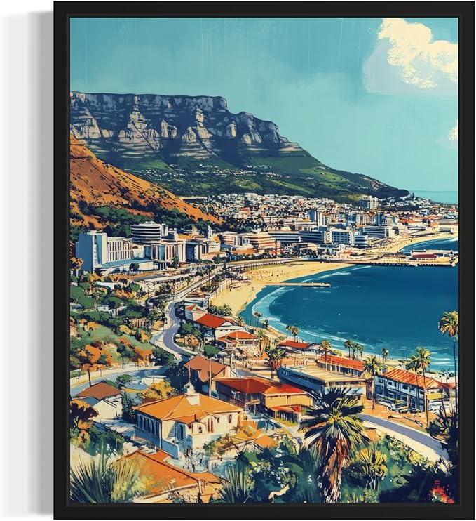 Cape Town South Africa Wall Art Poster Print, Vintage Retro Landscape Scenery Painting Artwork Travel Prints Decor Cityscape Landmarks Gallery 27 (Cape Town South Africa, 8 x 10 inches, Black Frame)