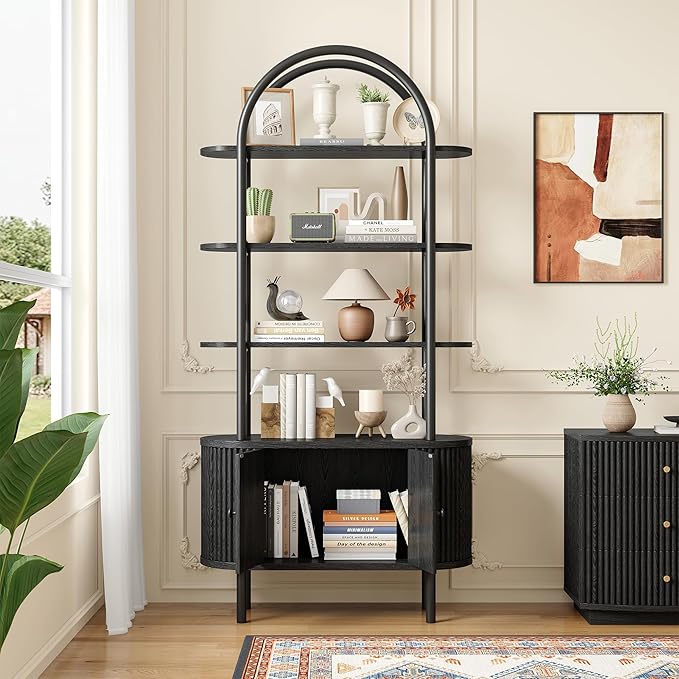 71" Tall Bookshelf, Bookcase, 4-Tier Book Shelf with Storage Cabinet, Curved Metal Frame Bookcase, Freestanding Industrial Storage Display Shelving for Living Room Office Bedroom, Black