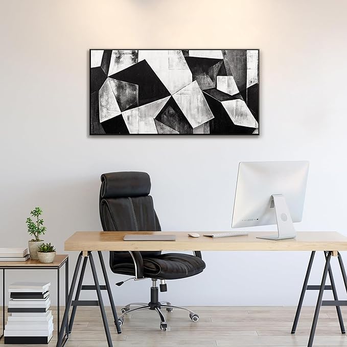 Black And White Abstract Wall Art Print Modern Canvas Art Wall Decor Abstract Wall Decor Geometric Color Block Canvas Artwork Paintings Modern Bedroom Office Home Artwork 20" X 40" With Framed