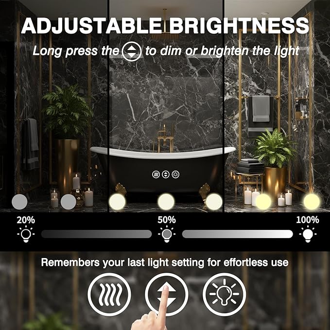 40x24 Hollywood Bathroom Mirror with Lights, Wall Mounted Mirror with LED Bulbs, 3 Colors and Dimmable Light, Defog Mirror, Tempered Glass, Memory, Waterproof, ETL Listed, Horizontal/Vertical