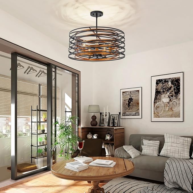 5-Light Farmhouse Drum Chandeliers, 2-Tiers Pendant Light Fixture for Dining Room, Living Room, Bedroom, Adjustable Height 17~47", Wood Texture & Matte Black Finish