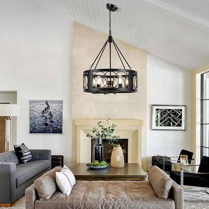 Modern Farmhouse Chandelier, 6-Light Black Chandeliers for Dining Room, 21.6'' Rustic Adjustable Pendant Lights Drum Light Fixture for Entryway Living Room Foyer Kitchen Island Bedroom, E26