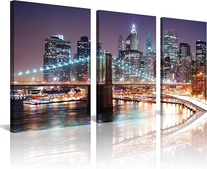 3Pcs 20X30inches New York City Skyline Canvas Wall Art Brooklyn Bridge Night View Framed Wall Decor Blue Purple Manhattan Urban Cityscape Picture Canvas Artwork Modern Home Decor Living Room Office