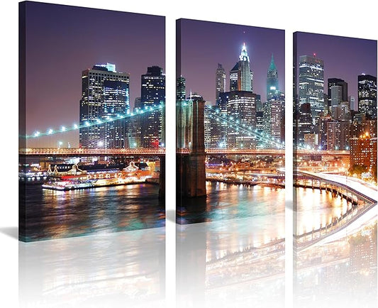 NAN Wind 3Pcs New York City Skyline Canvas Wall Art Brooklyn Bridge Night View Framed Wall Decor Blue Purple Manhattan Urban Cityscape Picture Canvas Artwork Modern Home Decor Living Room Office