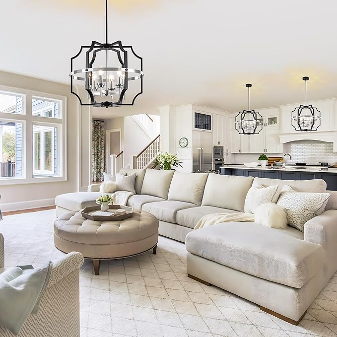 19.7'' Modern Chandelier 6-Light Black and Brushed Nickel Dining Room Light Fixture, Adjustable Industrial Drum Hanging Pendant Lights for Kitchen Island Hallway Entryway Foyer