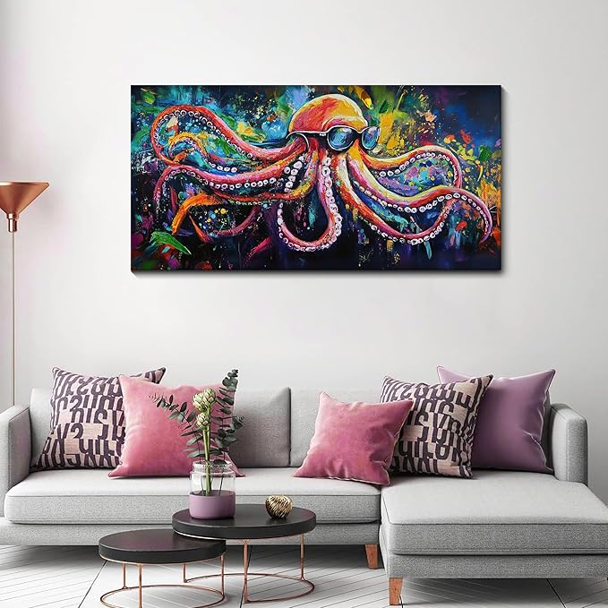 JEAWA Large Canvas Wall Art - Funny Octopus Wearing Sunglasses Modern Graffiti Texture Wall Painting for Living Room Bedroom Men Teenage Boy Room Game Room Cool Posters Decor 24x48 IN