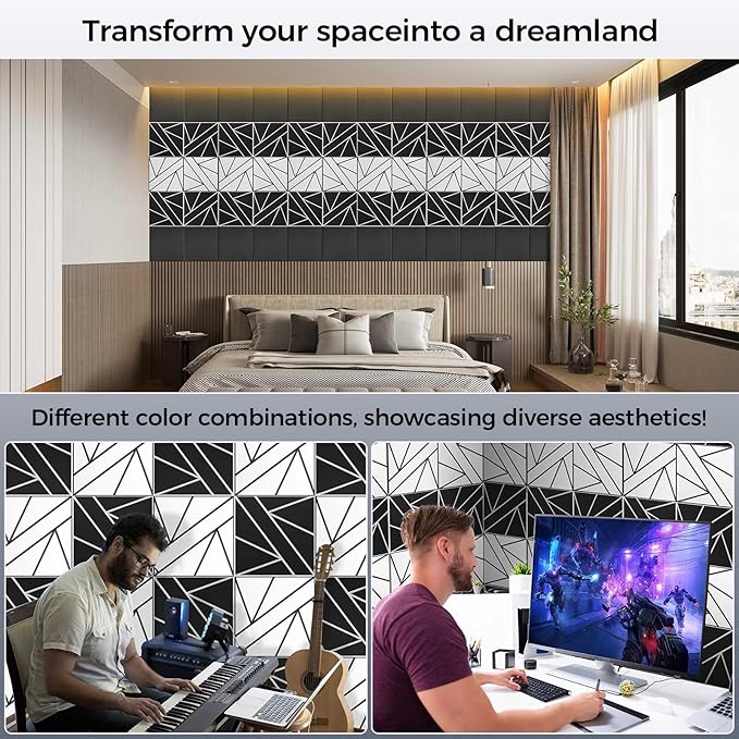 12 Pack 2-Layer Soundproof Wall Panels, 12 x 12 x 0.43 in Sound Proof FoamPanels for Walls, 0.9lb/ft* High Density, Thicker 0.43 in, 3D AcousticPanels,Artistic Noise Dampening Panels Black&White