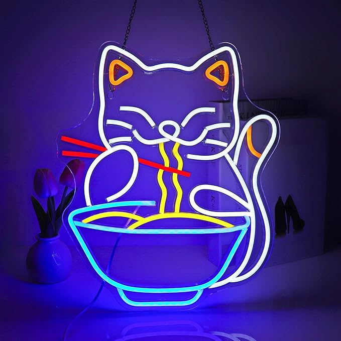 Neon Sign, Cat Ramen Neon Signs for Wall Decor Neon LED Signs Room Neon Light Up Signs Home Decor for Business Restaurant Bedroom Club Party Bars Shop Decoration USB Operated