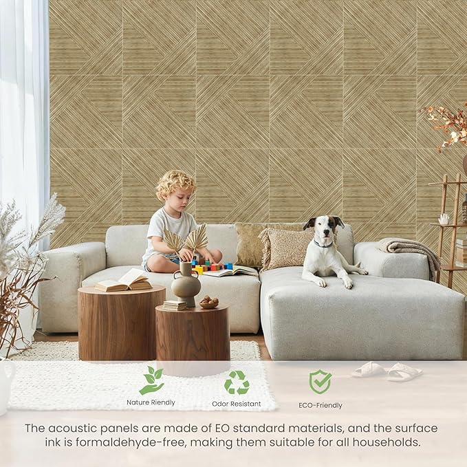 Acoustic Panels, 6 Pack 23.6" x 23.6"x 0.4" Soundproof Wall Panels, Decorative Acoustic Wall Panels, Self-Adhesive Sound Absorbing Panels for Home, Office, Studio, UV Printing Wood-Pattem (B)