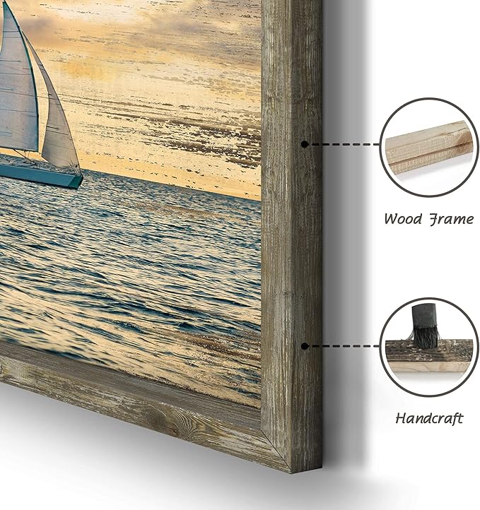 Coastal Framed Wooden Wall Art: Ocean Painting Art Sail Boats Artwork Decor Sunset Seascape Picture Prints for Bedroom 24"x12"