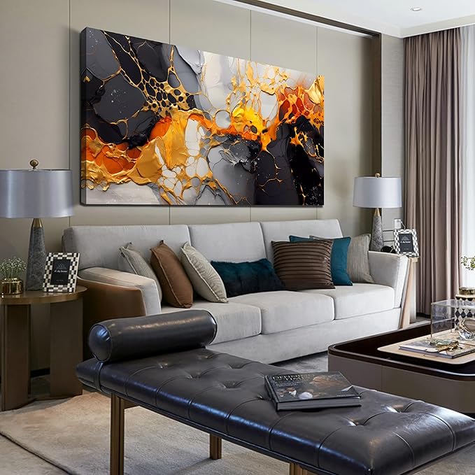 Canvas Wall-Art Black and White - Large Abstract Wall Art for Living Room - Yellow Wall Decor Bedroom Office Pictures Size 29" x 59"