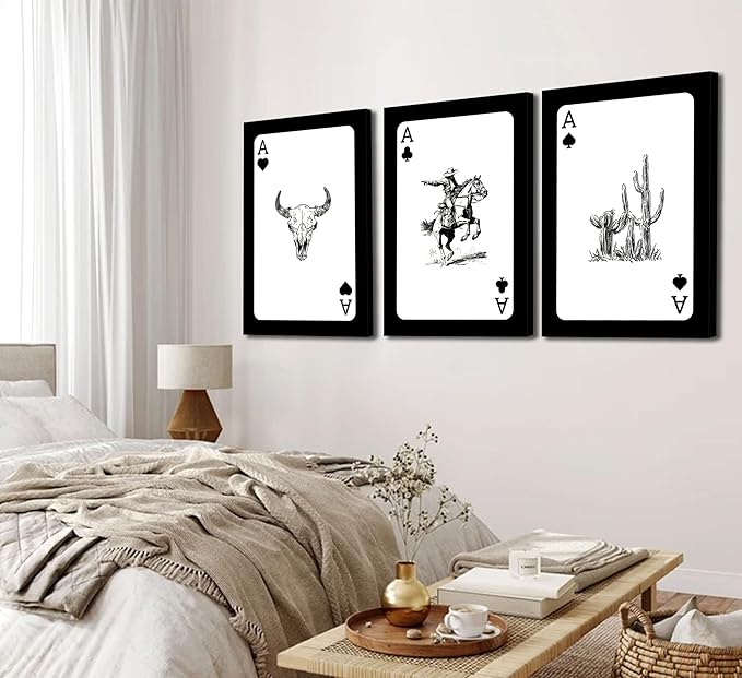 3Pcs Western Cowboy Canvas Wall Art Rustic Southwestern Style Poster Funny Creative Poker Ace Print Retro Western Aesthetic Image Cowboy Horse Bull Skull Cactus Painting for Bedroom Living Room Bathroom 16x24in Framed