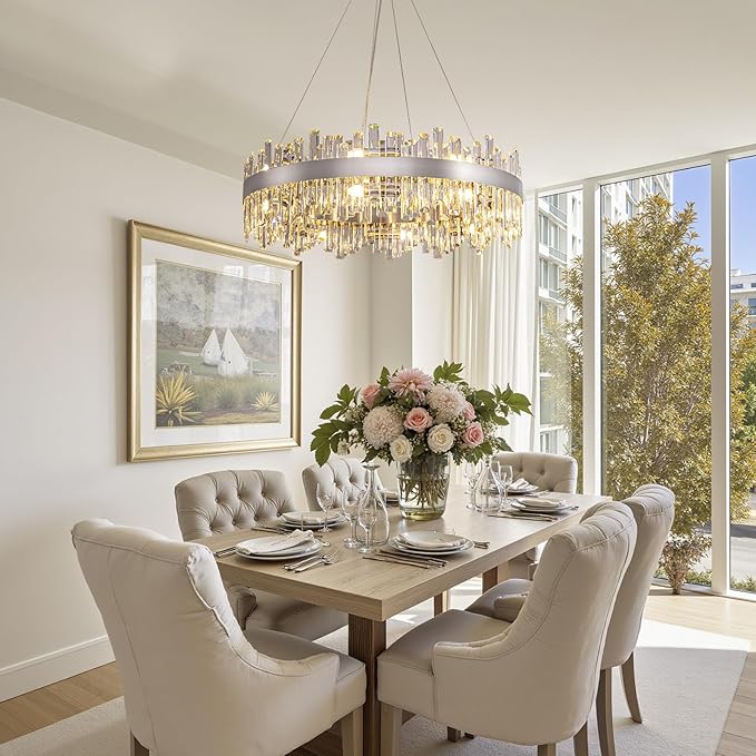 Modern Dining Room Crystal Chandelier, 16-Light Chrome Silver Round Chandelier, 31.5-inch K9 Crystal Raindrop Ceiling Light, Luxury Flush Mount Light Fixture for Kitchen Living Room Entryway