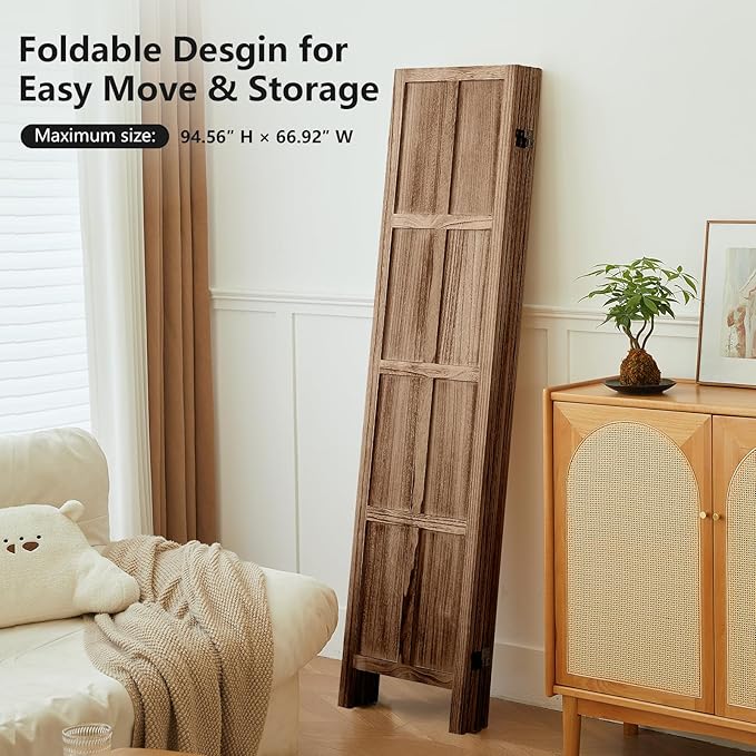 4 Panel Room Divider Wall, 5.6 FT Tall Folding Privacy Screen, Partition Divider for Room Separation, Room Partition Separator, Wooden Wall Divider Screen for Home Office Bedroom (Brown)