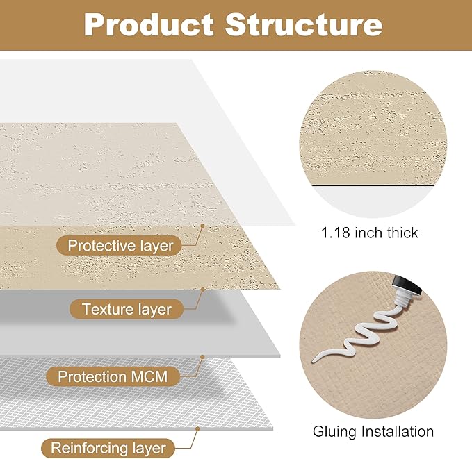 KASARO 3D Faux Stone Wall Panels, 4 PCS MCM Flexible Wainscoting Panels for Exterior/Interior Decor, Modified Clay Material, Accent for Home, Art, Commercial, Cement Beige, 47.2 × 23.6 inch