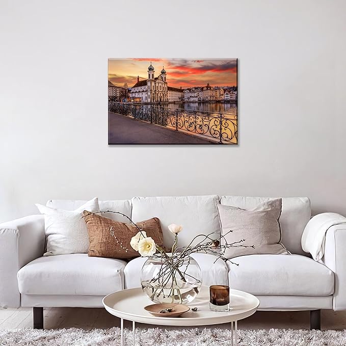 Mordern 1Pcs European Cityscape Canvas Wall Art Scenic Sunset Over River Cathedral with Domes Ready to Hang Architecture Romantic Travel Destination Decorative Framed Artwork for Living Rooms Bedrooms