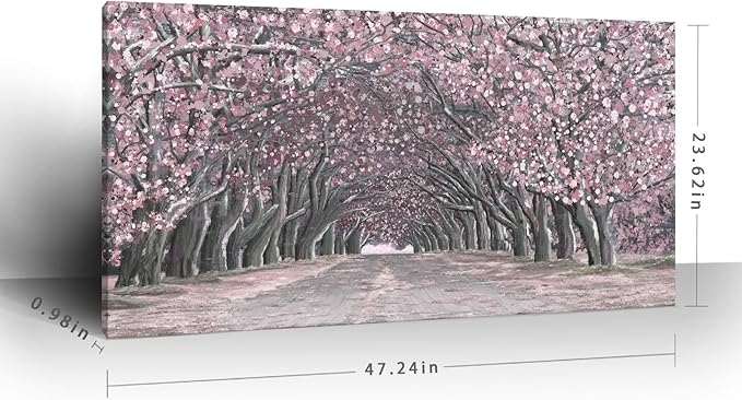 Nicetop Large Pink Wall Art – Floral Tree Artwork Romantic Cherry Blossom Landscape Canvas Art Print Dreamy Sakura Flower Pathway Forest Tunnel Nature Picture for Living Room Bedroom Girls Room 48x24 Inch