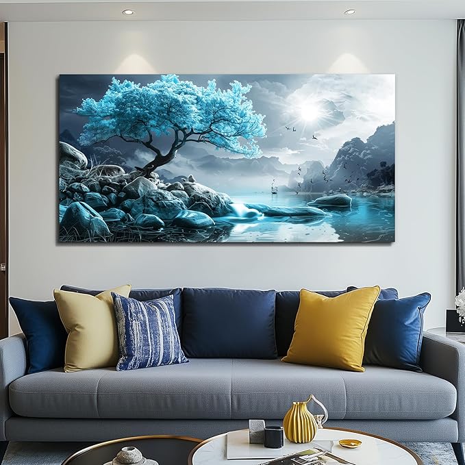 KELIYUAN Canvas Wall Art For Living Room Large Wall Decor For Bedroom Blue Tree Landscape Painting Black And White Wall Pictures Artwork Office Works Frame Canvas Art Modern Home Decoration 24x48in